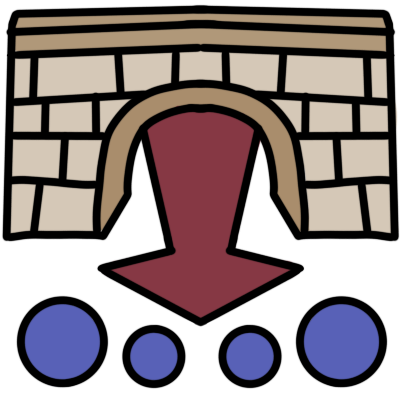 a stone arch with a red arrow pointing down from it to four blue circles underneath.